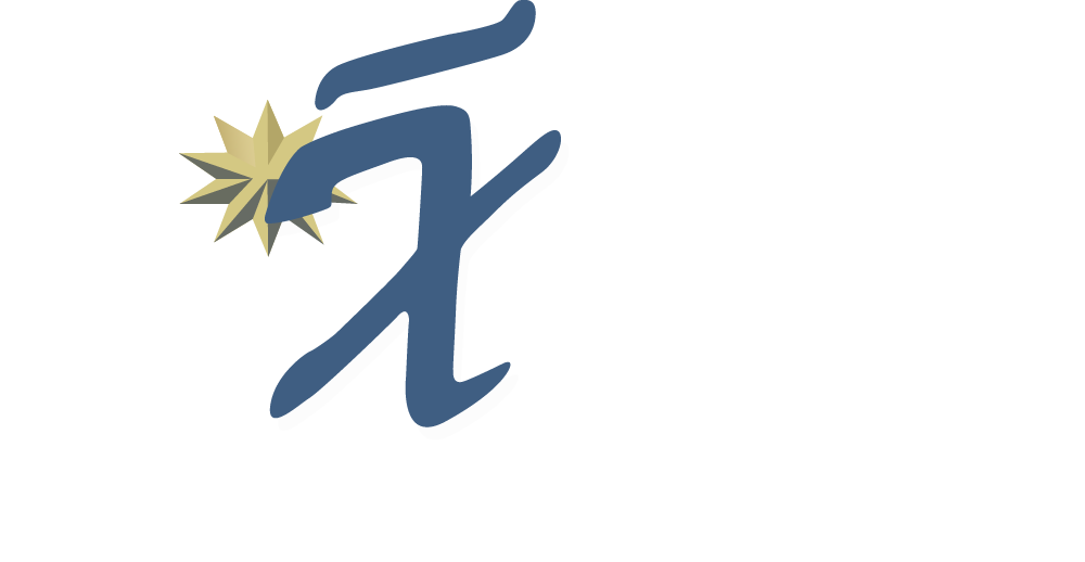Stylized blue character with gold starburst accent